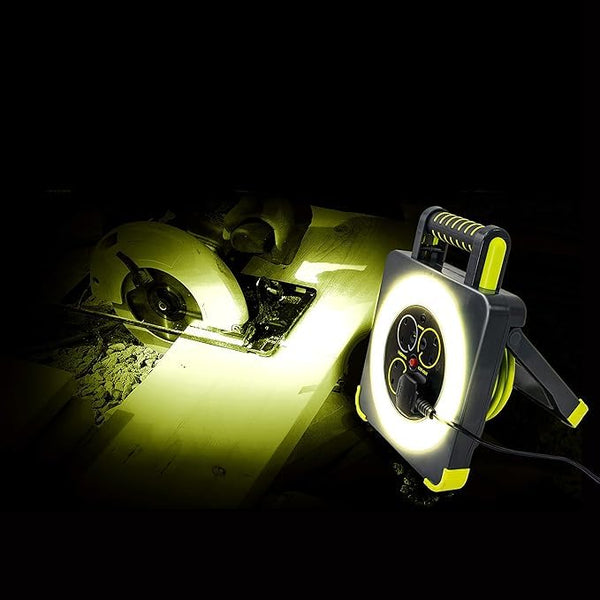 Masterplug Pro-XT Four Socket Open Cable Reel Extension Lead with Winding Handle, Thermal Cut Out and Power Switch, 25 Metres High Visibility Cable , Green