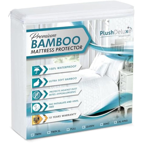 PlushDeluxe Premium Bamboo Mattress Protector – Waterproof, Hypoallergenic & Ultra Soft Breathable Bed Mattress Cover & Protection -Free PVC, Phthalate (UK King Size) White