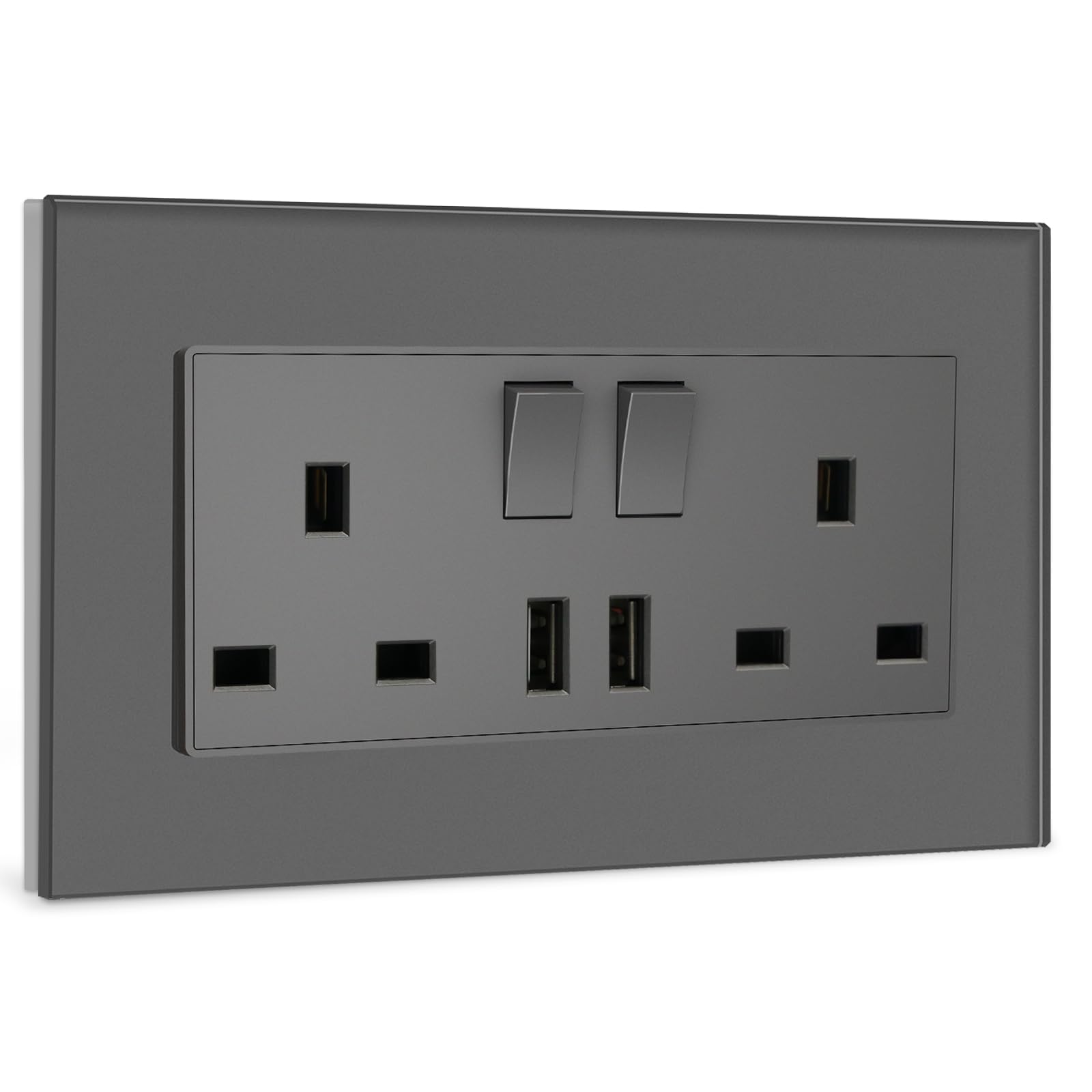 BSEED Double Socket 13A with LED Indicator, Double Switched Wall Socket 2 Gang UK Standard, Electric Switched Plug Power Wall Outlet with Glass Panel, Grey