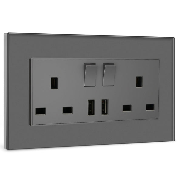 BSEED Double Socket 13A with LED Indicator, Double Switched Wall Socket 2 Gang UK Standard, Electric Switched Plug Power Wall Outlet with Glass Panel, Grey