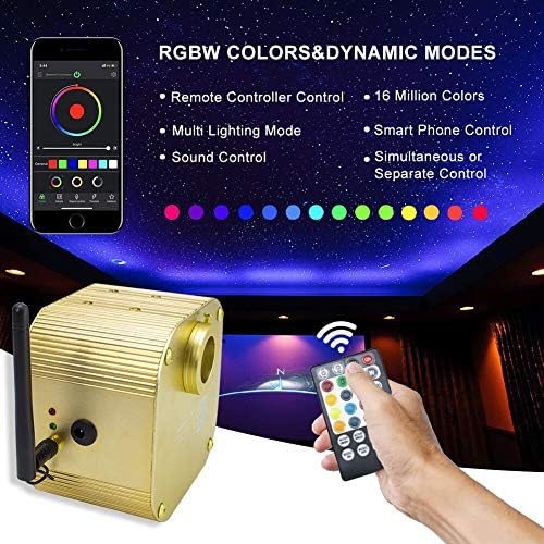 Kingmaled Car Home 16W Twinkle Music Activated App Fiber Optic Star Ceiling Light Kit, RGBW Light Engine+Remote+Mixed Fiber Cables 430pcs 9.8ft/3m (0.75+1+1.5mm)
