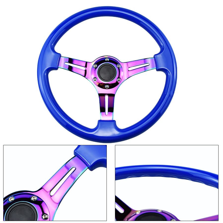 350mm Green Racing Steering Wheel Neo Chrome Spoke Universal 6 Bolts 45mm Deep Dish Classic ABS Wood Steering Wheel with Horn Button