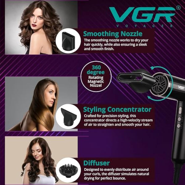 VGR Professional Hair Dryer - High Speed Powerful Brushless 11000 RPM - Fast Dry Negative Ionic - Lightweight Blow Hairdryer with Diffuser for Curly Hair and Nozzle - Quiet Low Noise
