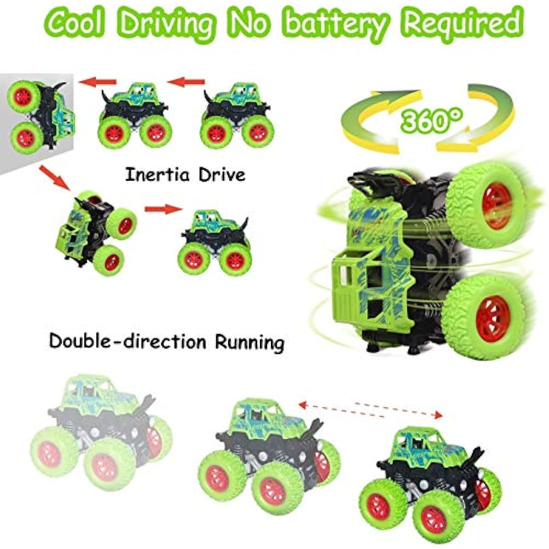 HONGCI 2 Pack Monster Trucks - Inertia & Friction Powered Mini Push & Go Car, 360 Degree Rotating Off-road Vehicle Toy Pull Back Car for 3-10 Year Old Boys & Girls Kids Birthday & Xmas Gift