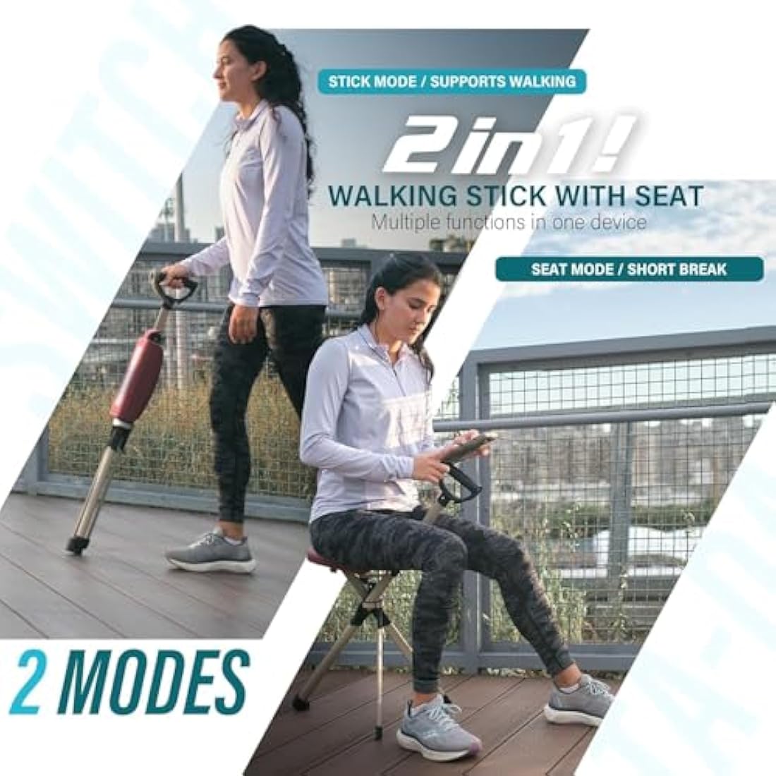 Ta-Da Chair Series 2 PRO - Walking Stick with Seat, Lightweight Aluminium Pole Frame & Sturdy Foldable Stool (up to 136kg), Easy Folding Design, Ideal for Hiking & Outdoors - Adjustable