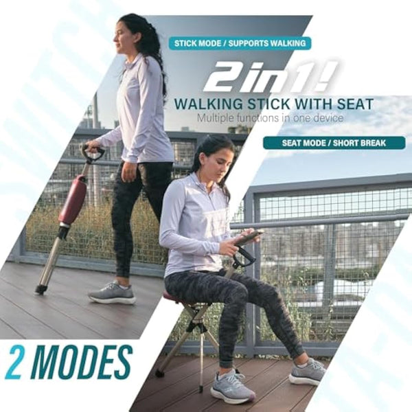Ta-Da Chair Series 2 PRO - Walking Stick with Seat, Lightweight Aluminium Pole Frame & Sturdy Foldable Stool (up to 136kg), Easy Folding Design, Ideal for Hiking & Outdoors - Adjustable