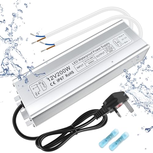 inShareplus LED Power Supply, 200W IP67 Waterproof Outdoor Driver,AC 170-265V to DC 12V 16.6A Low Voltage Transformer, Adapter with 3-Prong Plug for LED Light, Computer Project, Outdoor Use