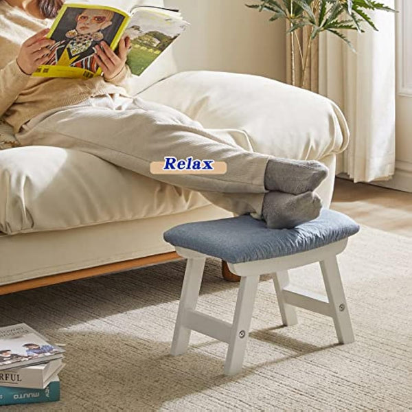 Aibiju Wooden Footstool, Foot Stool Ottoman Pouffe Padded Chair Stool with Removable Cover 4 Beech Legs Suitable for Bedroom, Living Room and Kitchen, (White leg + Blue cushion), YDEU-1357