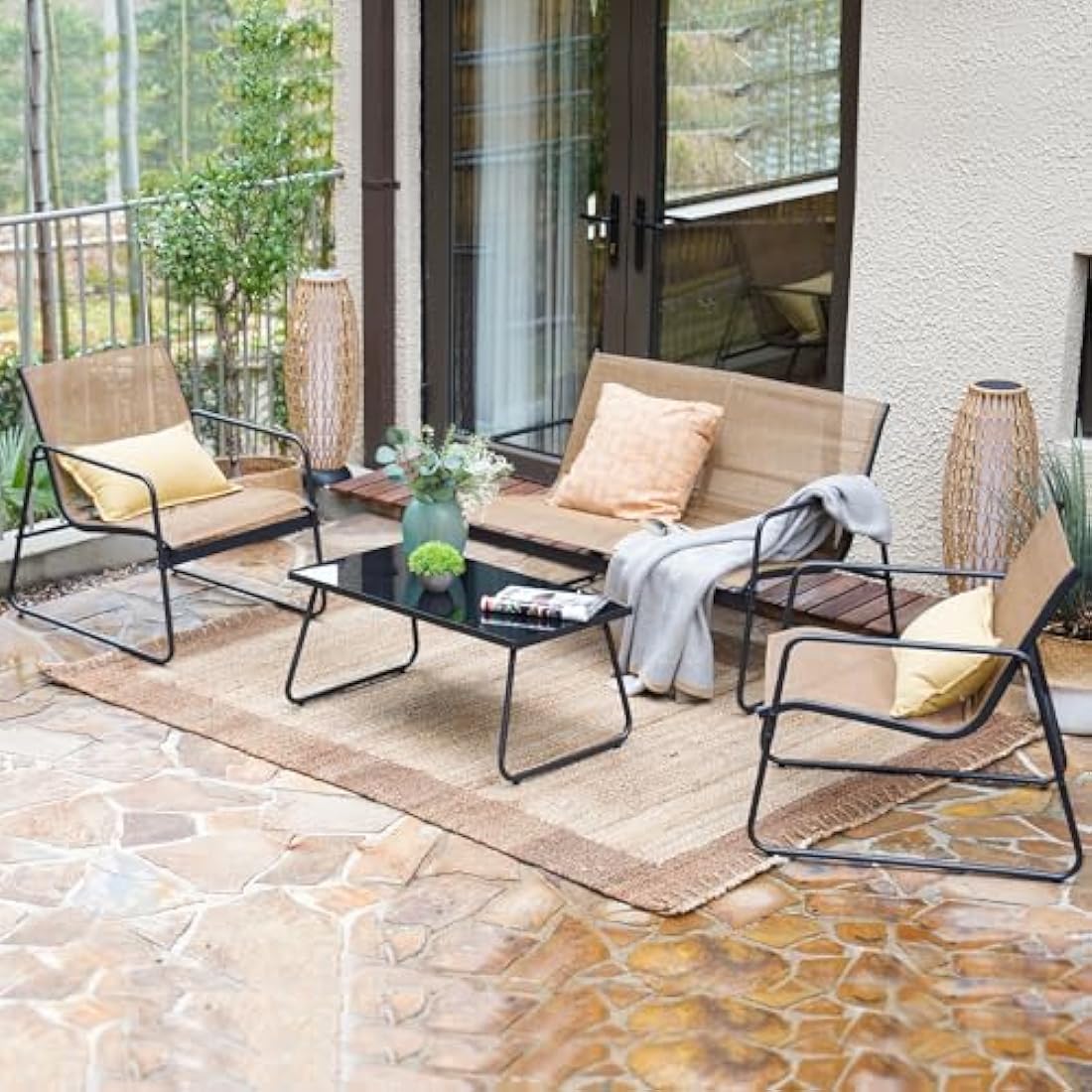 Grand patio Conversation Sets 4 Pieces, Garden Table and Chairs, mesh sling Material, Waterproof, Breathable, Garden Furniture Sets for Outdoor, Backyard, Poolside (Brown)