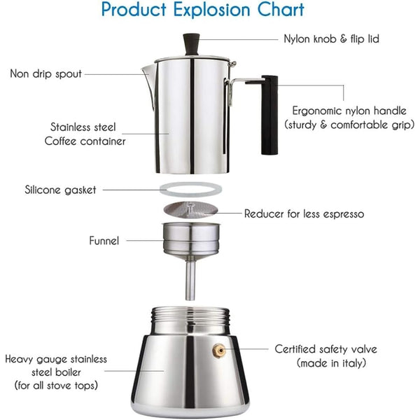 Easyworkz Pedro Stovetop Espresso Maker 6Cup 300ml Stainless Steel Italian Coffee Machine Maker Induction Moka Pot