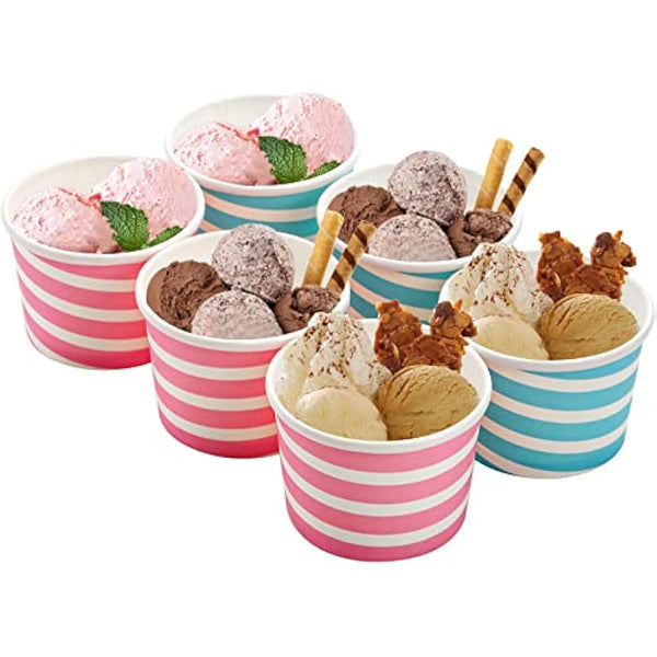 Hacaroa 150 Count 240 ml Paper Ice Cream Cups, Disposable Dessert Bowls Sundae Cup Party Supplies Treat Cups for Frozen Yogurt, Hot and Cold Food, 3 Colors Stripes