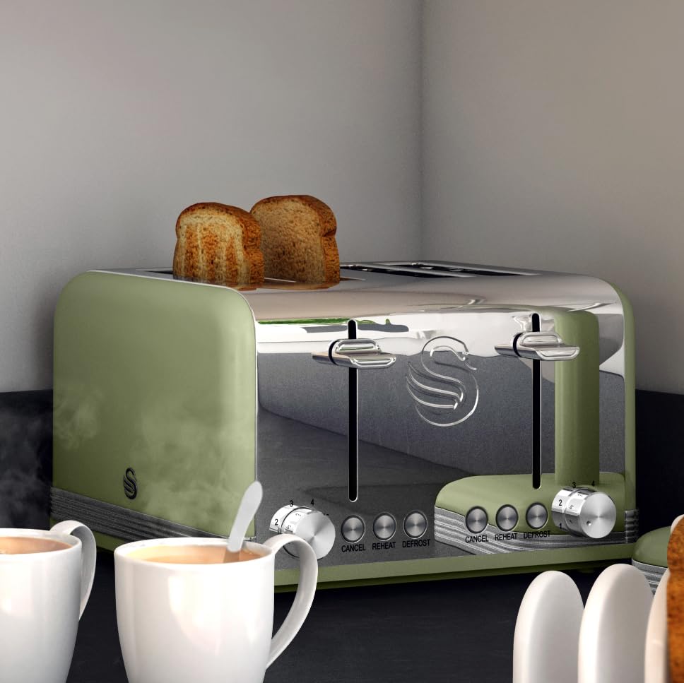 Swan ST19020GRN Retro 4-Slice Toaster with Defost/Reheat/Cancel Functions, Cord Storage, 1600W, Retro Grey