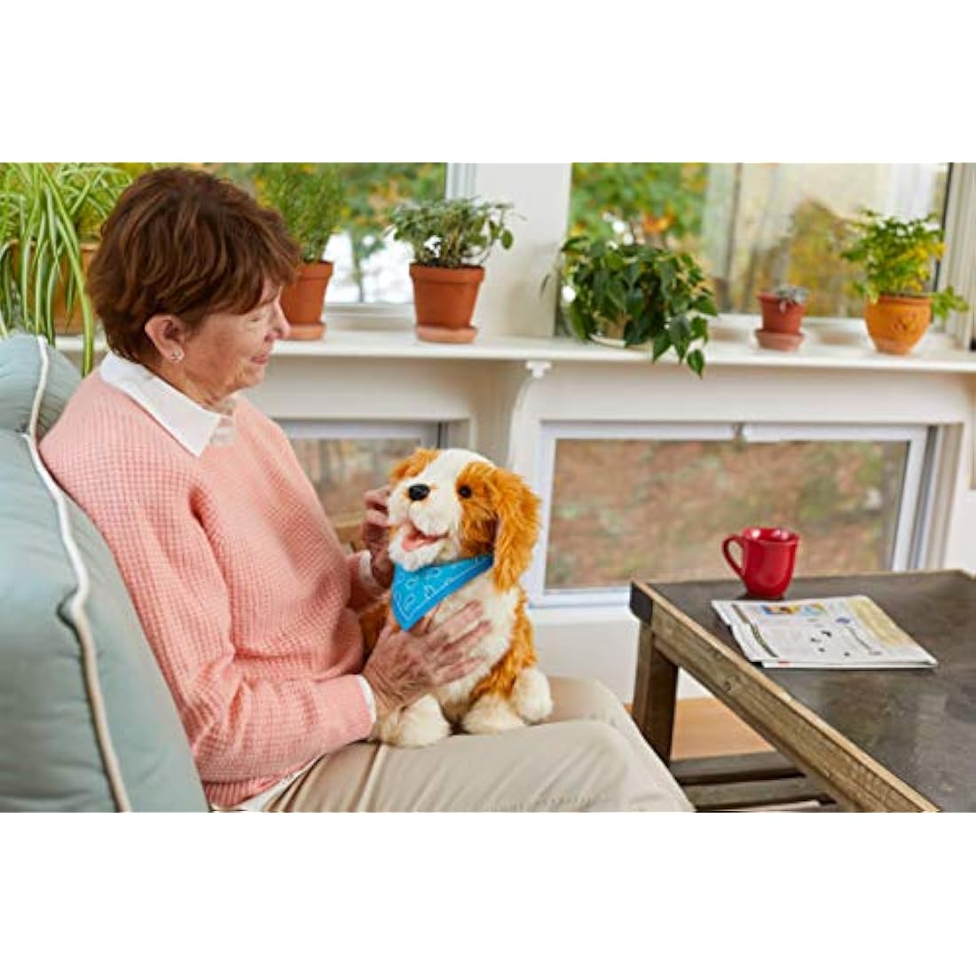 Ageless Innovation Joy For All Interactive Pet Dog - Lifelike & Realistic Companion with Soft Fur, Head and Tail Movements, Real-Feel Heartbeat and Two-Way Barkback Technology - Freckled Pup