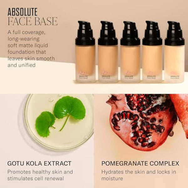 Mii Cosmetics Absolute Face Base, Full Coverage Foundation, Radiant Matte Finish, Feather Light Hydrating Formula, Vegan and Cruelty Free, Utterly Peachy 02