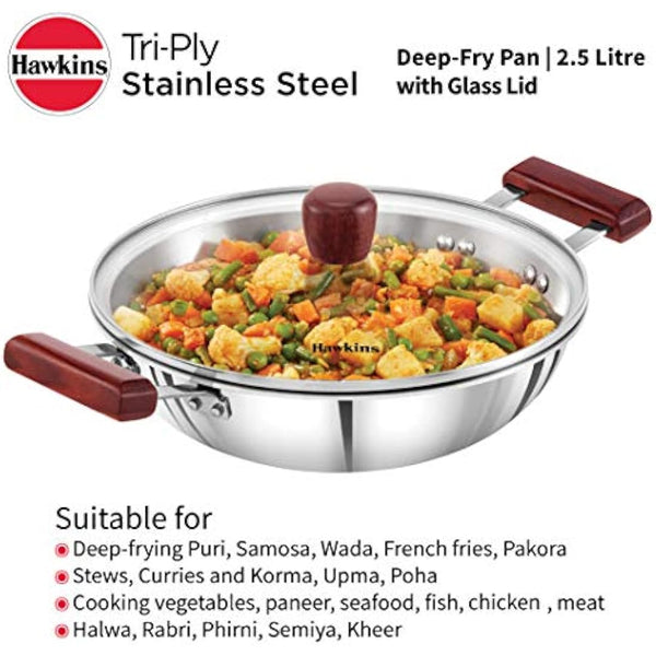 HAWKINS 2.5 Litre Deep Fry Pan, Triply Stainless Steel Kadai with Glass Lid, Flat Bottom Induction Kadhai, Silver (SSD25G)
