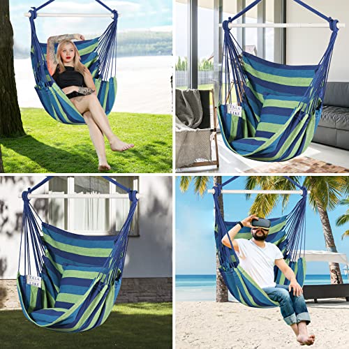 Goutime Hammock Chair Swing with 2 Seat Cushions Pillows, Hanging Chair with Detachable Metal Support Bar,Swing Chair with Carry Bag,Hanging Chair for