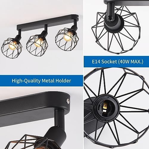 ANWIO Spot Light Fittings Ceilings,Kitchen Lights Ceiling with E14 Base Metal Wire Cage,Adjustable Black 3 Way Spotlights Ceiling Light,Ceiling Lights for Living Room