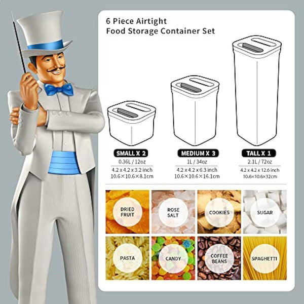 MR.SIGA 6 Piece Airtight Food Storage Container Set, BPA Free Kitchen Pantry Organization Canisters, Kitchen Storage Containers with One-Handed Leak Proof Lids, Black