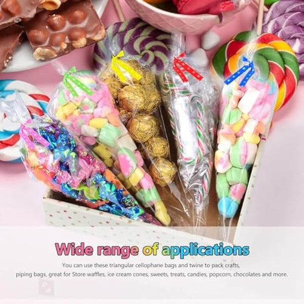 FOLKSNSHOPS 200pcs Sweet Cone Bags 32x18cm Clear Cone Bags, Sweet Bags, Cellophane Cone Bags with Ties for Party Supplies, Sweets, Biscuits Displaying & Wrapping on Birthday Parties and Festivals