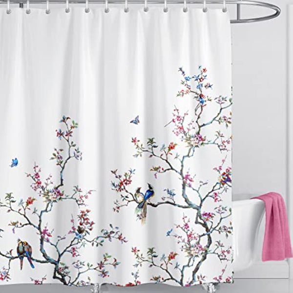 LIVETTY White Bird Floral Shower Curtain 180cm × 180cm Mould Proof Butterfly Fabric Bathroom curtain For Women & Men With 12 Hooks Washable Quick-Drying Curtains