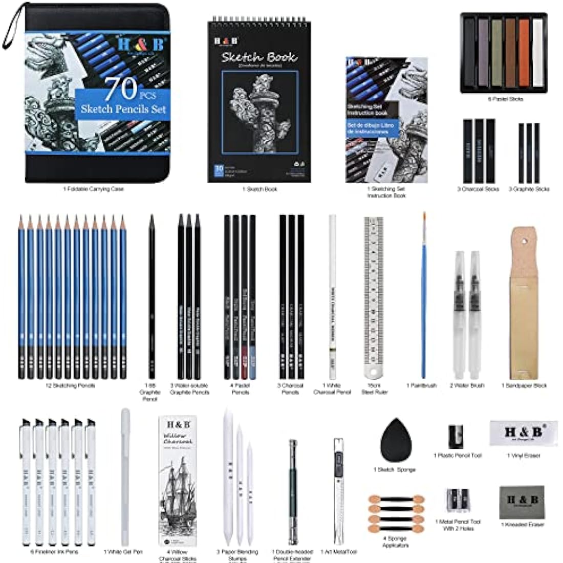 H & B 70 Pack Sketching Pencil Set with Sketchbook, Professional Sketch Pencils for Drawing, Art Supplies for Adults, Artists, Beginners