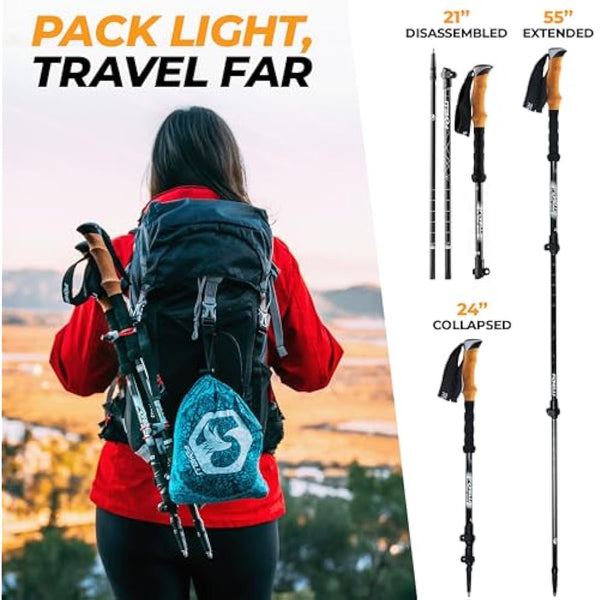 Foxelli Carbon Fiber Walking Poles – Collapsible, Lightweight, Shock-Absorbent Hiking Trekking Poles with Natural Cork Grips, Flip Locks, 4 Season/All Terrain Accessories & Carry Bag