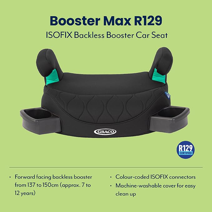 Graco Booster Max R129 ISOFIX backless booster seat, Lightweight at only 2.7kg, Suitable from 137-150cm (approx. 7 to 12 years), Midnight fashion