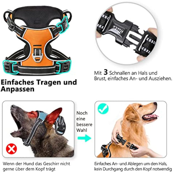 HEELE Dog Harness, No Pull Dog Harness Large, Release on Neck, Reflective Adjustable Dog Harness with Front Back 2 Leash Attachments and Soft Padded Control Handle for Dogs Walking Training, Orange, L