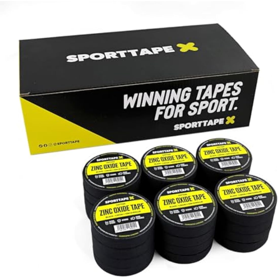 SPORTTAPE Box of 24 Rolls Zinc Oxide Finger Tape - Black - 1.25cm x 10m | for Jiu Jitsu, Bouldering, Rock Climbing, BJJ, Crossfit, Rowing, Climbing & Golf (12 Packs of 2 Rolls)