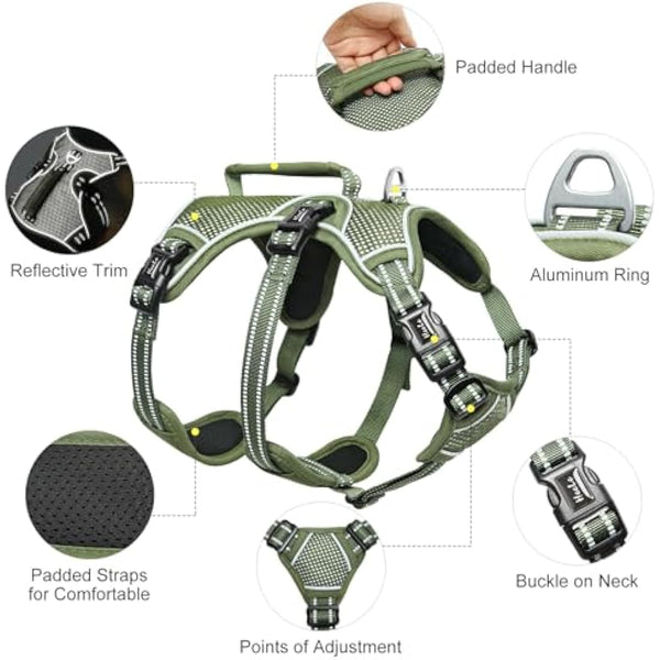 HEELE Dog Harness, Escape Proof Dog Harness, Release on Neck, No Pull Reflective Adjustable Vest with Durable Handle, Dog Harness for Outdoor Training Walking, Harness for Large/Active Dogs, Green, L