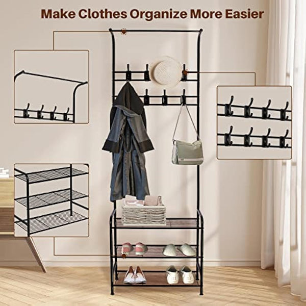 Innotic Coat Rack,Shoe Rack With Coat Hanger 16 Hooks Free Standing Coat Stands For Hallway, Entrance, Matte Steel Coat Rack Stand, Black