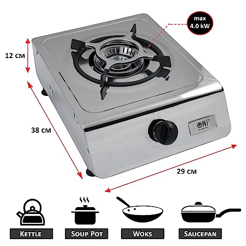 NJ-100SD Indoor Gas Stove - Single Burner Portable Gas Hob LPG Cooker Caravan Cooktop Stainless Steel Freestanding Table Top for Home Kitchen Camping