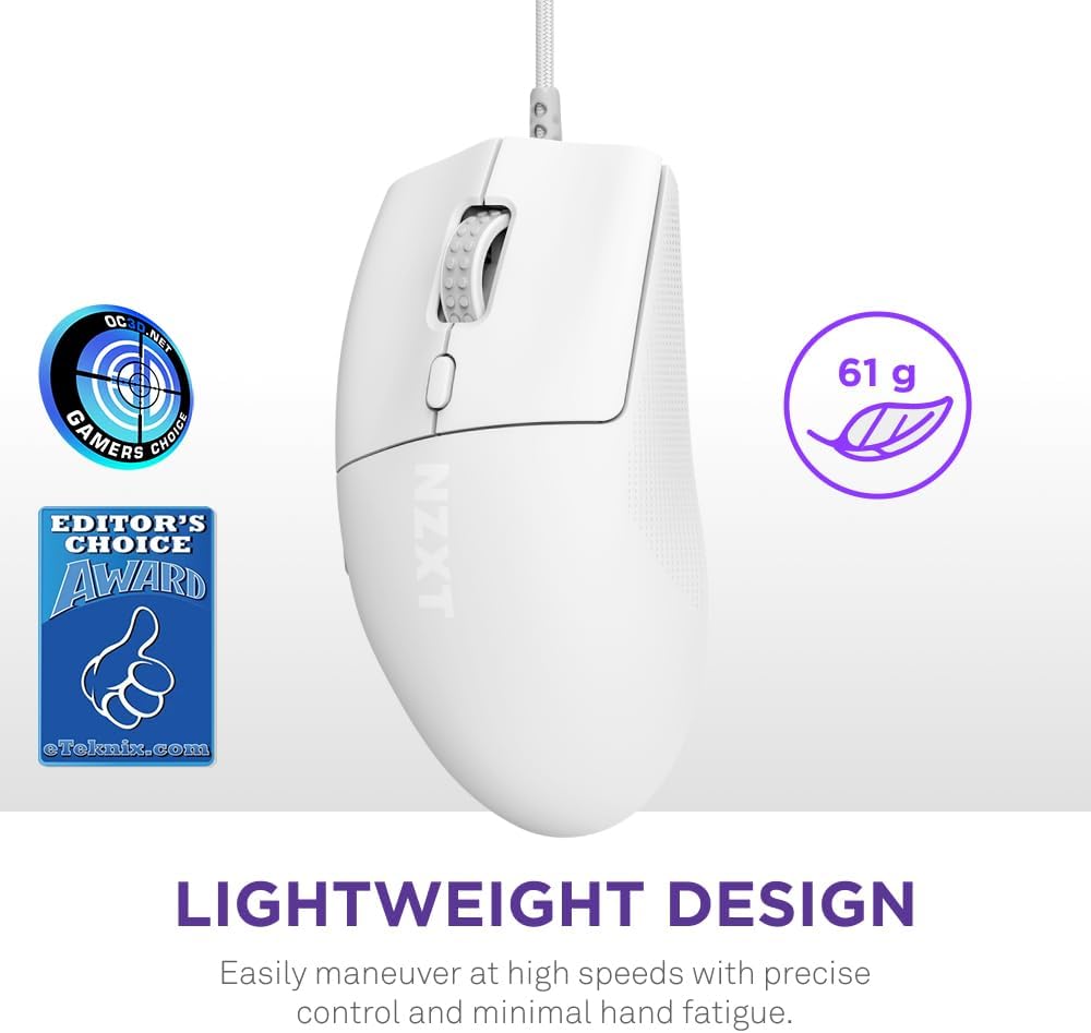 NZXT Lift 2 Ergo | Lightweight Ergonomic Wired Gaming Mouse | Lightweight 61 g Design | 8K Polling Rate | Optical Switches | 26K DPI Optical Sensor | 100% PTFE Feet | Black