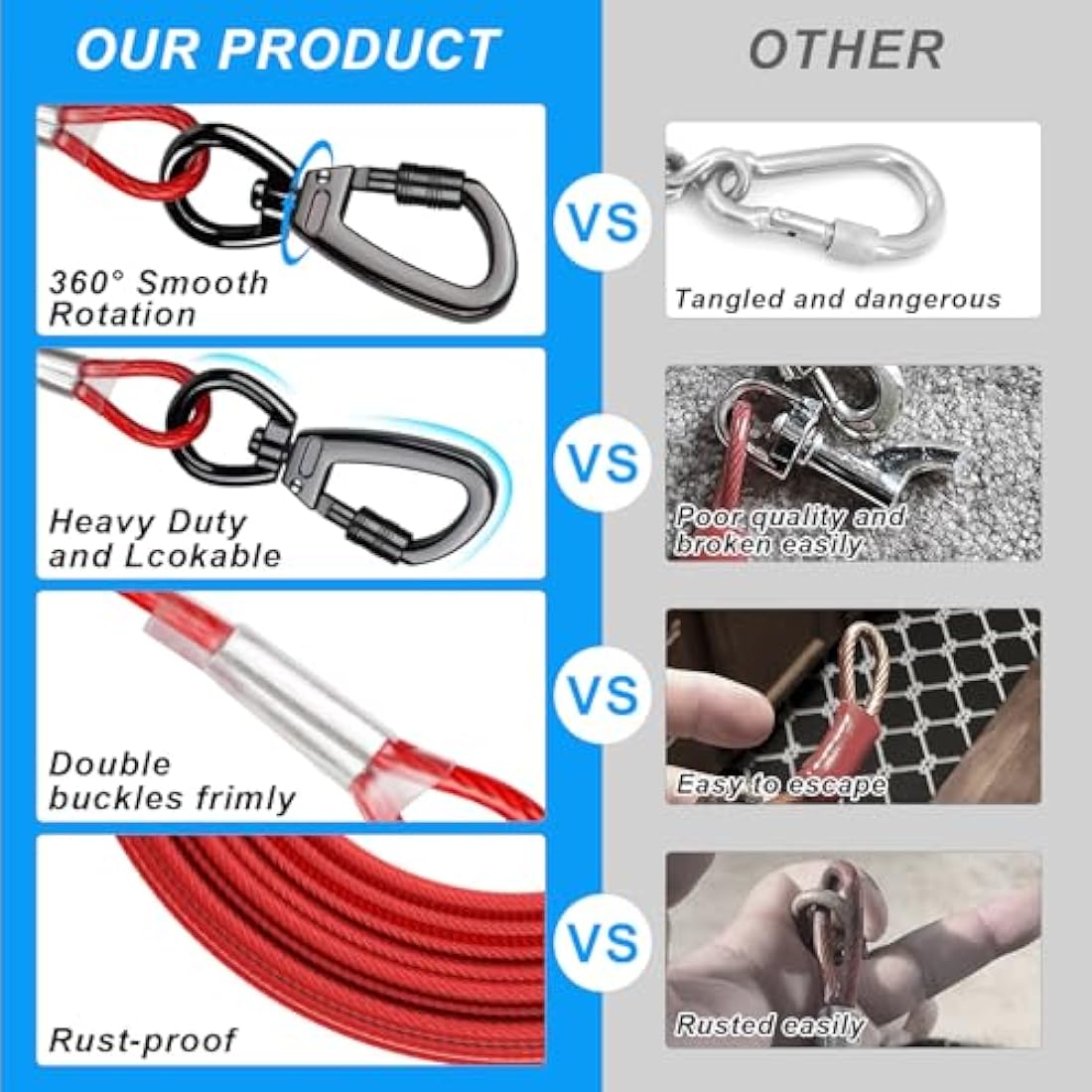 Dog Tie Out Cable with 360° Swivel Lockable Hook and PVC Coating, 10ft 15ft 20ft 25ft 40ft 60ft 120ft Reflective Dog Lead Line, Galvanized Steel Wire Rope for Small Medium Pet Up to 60, 120, 250 lbs