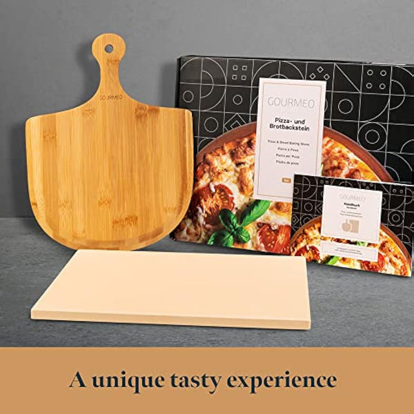 GOURMEO Pizza Stone Kit w/Bamboo Wood Paddle - 38x30cm - Cordierite Pizza Stones for Oven & BBQ - Even Heat Distribution