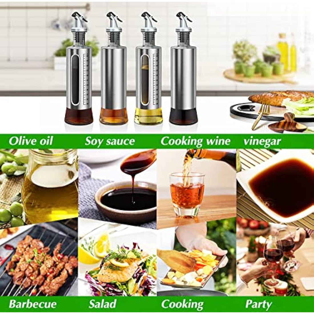 ACEWARMS Oil dispenser bottle for kitchen, Olive oil bottles with drizzlers, Vinegar bottles, 500ml 4Pack glass soy sauce bottles with lids+Stainless steel funnel (500ml 4Pack)