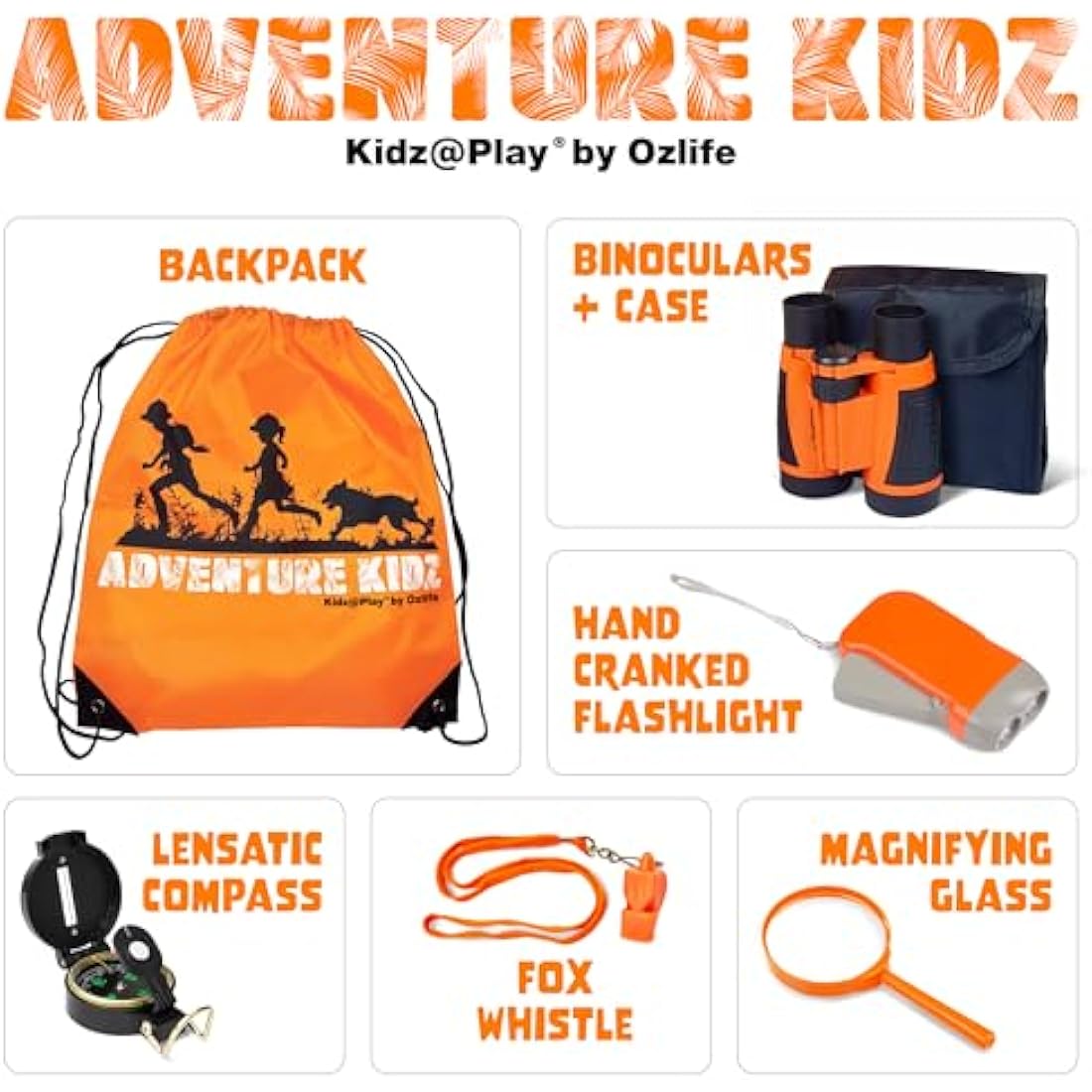 Adventure Kidz Outdoor Exploration Kit, Children’s Binoculars, Flashlight, Compass, Fox Whistle, Magnifying Glass, Backpack. Great Gift Set for STEM, Pretend Play, Ages 3+ Boys Girls