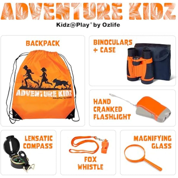 Adventure Kidz Outdoor Exploration Kit, Children’s Binoculars, Flashlight, Compass, Fox Whistle, Magnifying Glass, Backpack. Great Gift Set for STEM, Pretend Play, Ages 3+ Boys Girls