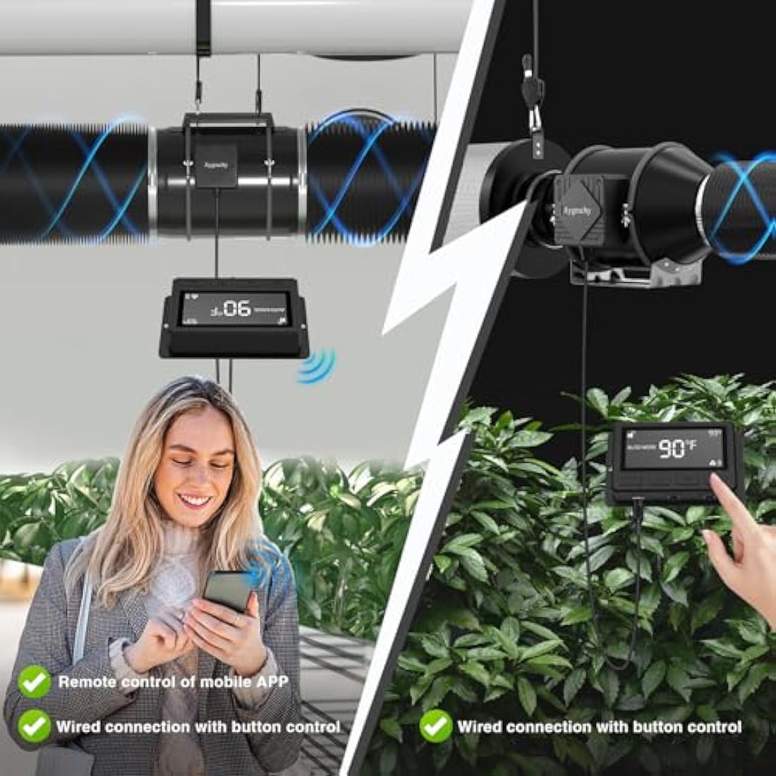 Aygrochy 6 inch wifi APP inline fan with Temperature and Humidity controller, Extractor Fan for Booster, Growth Tents, Ventilation and exhaust fan.