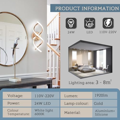EIDISUNY Wall Lamp LED Gold Modern Elegant Spiral Indoor Wall Lights for Bedside Bedroom Living Room Hallway Wall Lighting Fixture Cool White Light 24W