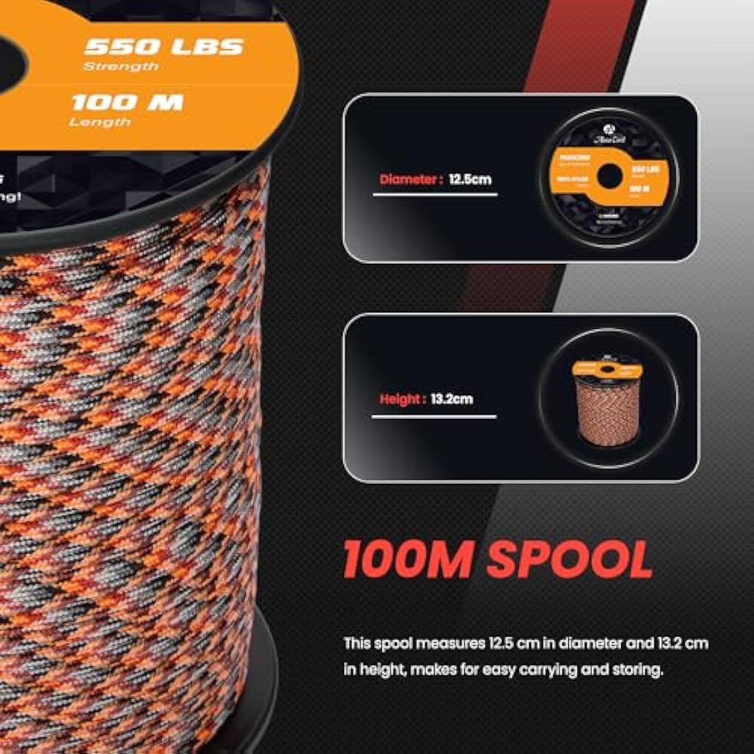 Abma Cord Paracord 550 4mm 100m 100% Nylon Rope Type III 7 Strands Parachute Cord for DIY, Camping, Survival, Outdoor - Max. 250kg - Summer Sunrise (Lava)