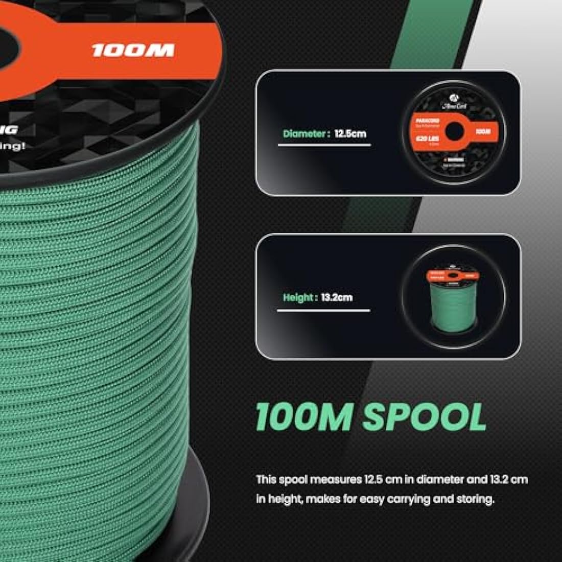 Abma Cord Paracord 4mm 100m 100% Nylon Rope 9 Strands Type III Parachute Cord for DIY, Camping, Survival, Outdoor - Max. 280kg - Kelly Green