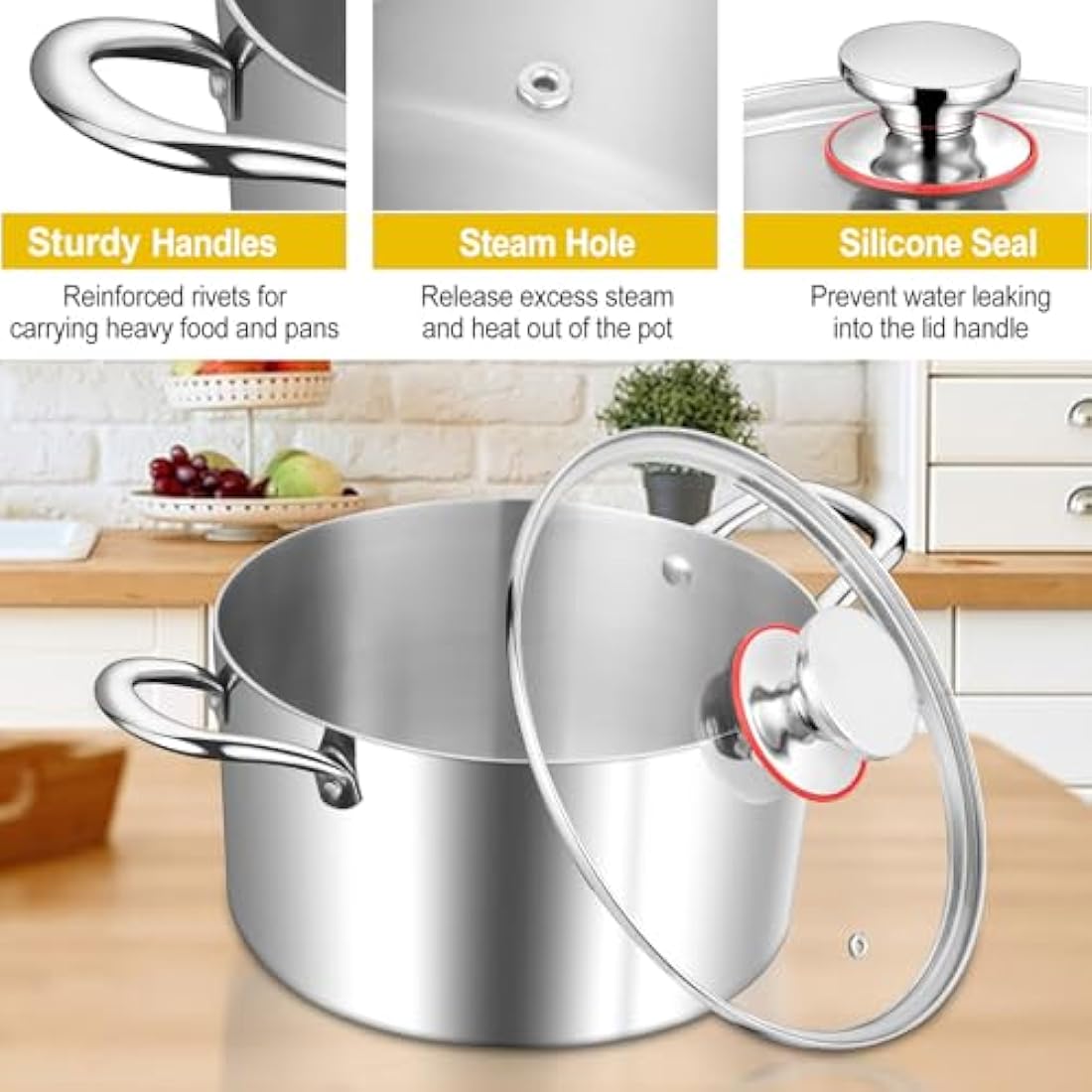 HaWare 5.8L Stock Pot, Tri-Ply Stainless Steel Soup Pot with Visible Lid, 24cm Cooking Induction Stockpot for Pasta/Meat/Soup, Suit for All Kitchen Stove Top, Healthy & Non Toxic, Easy Clean