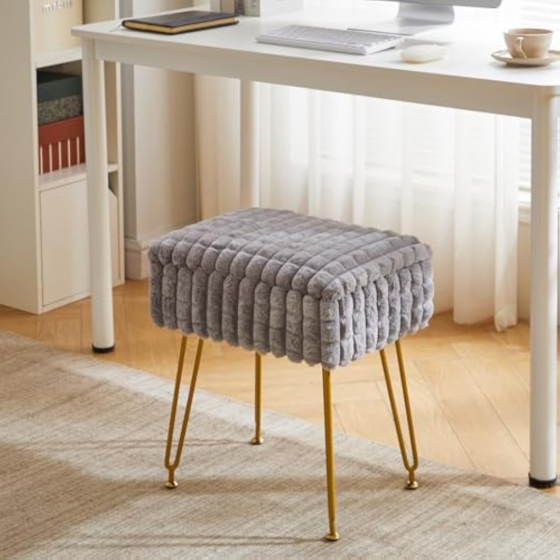 IBUYKE Rectangle Vanity Chair with Storage Space, Footrest Footstool Ottoman, Vanity Stool, Dressing Table Chair, with Anti-Slip Feet, for Makeup Room, Bedroom, Square grid pattern, Grey WBD004G