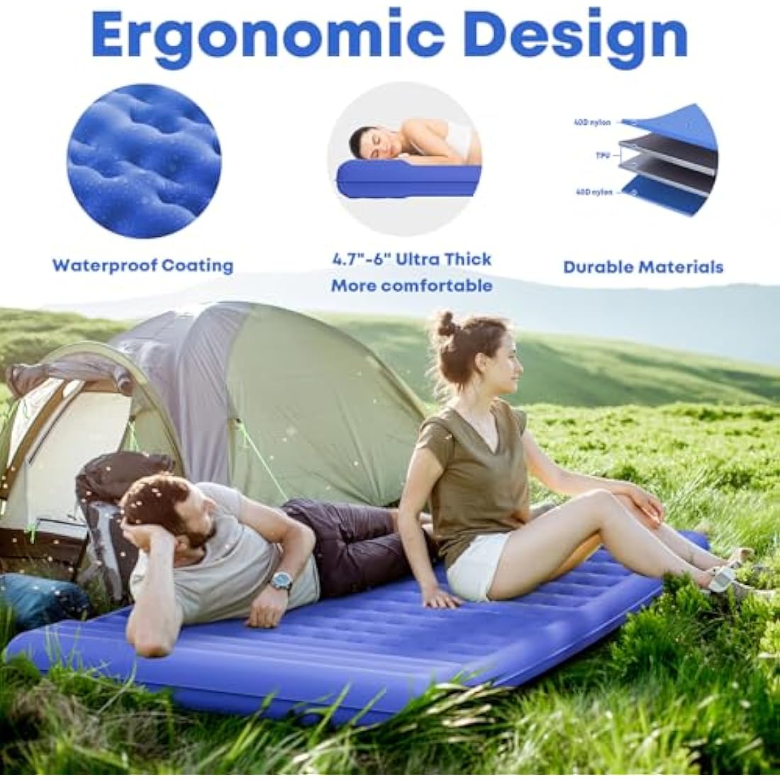 MAMBAKOTR Camping Air Bed 12-15CM Extra Thick, Reinforced Support Structure with Built-in Foot Pump and Pillow Portable Camping Sleeping Mat Air Mattress for Tent Backpacking Hiking Travel