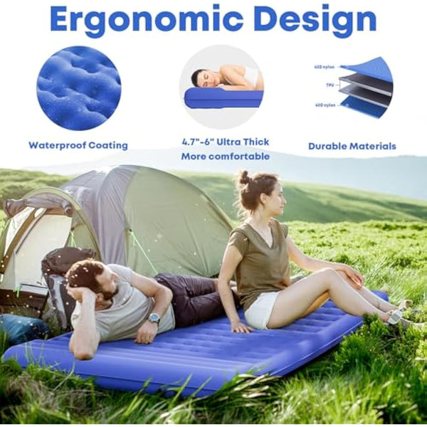 MAMBAKOTR Camping Air Bed 12-15CM Extra Thick, Reinforced Support Structure with Built-in Foot Pump and Pillow Portable Camping Sleeping Mat Air Mattress for Tent Backpacking Hiking Travel