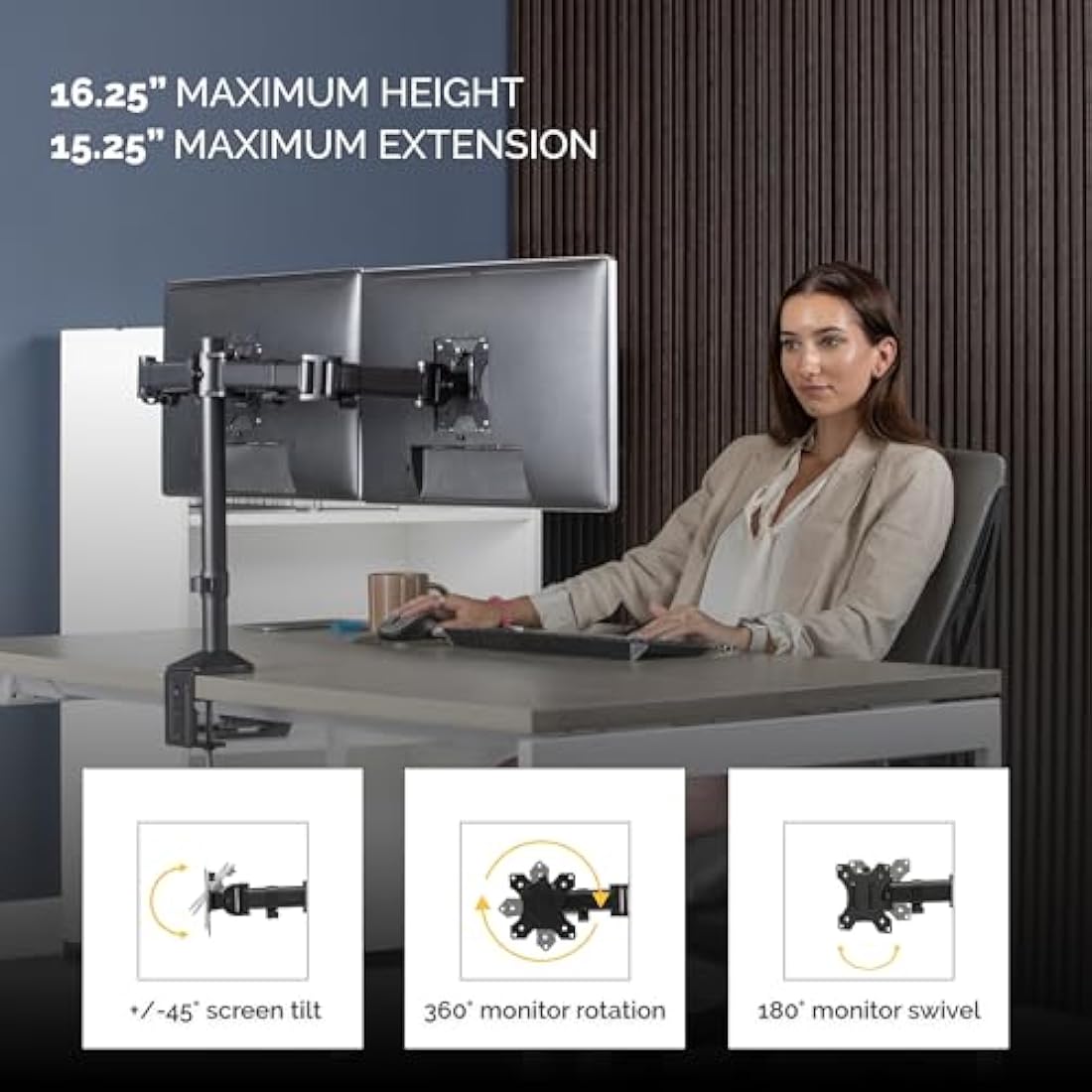 Fellowes Dual Monitor Arm - Reflex Monitor Mount for 8KG 30 inch Screens - Ergonomic Adjustable Monitor Arm Desk Mount - Tilt 45° Swivel 180° Rotation 360°, VESA 75 x 75/100 x 100 - Black