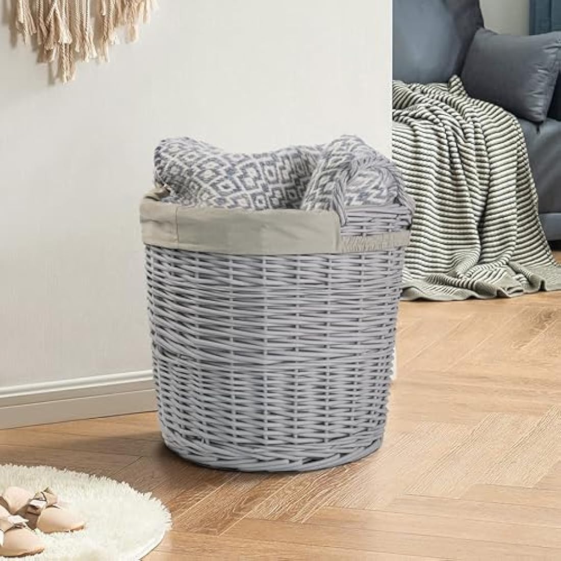 Home Storage Grey Painted Round Wicker Basket Laundry Toys Baby Nursery Collection Box (Medium)