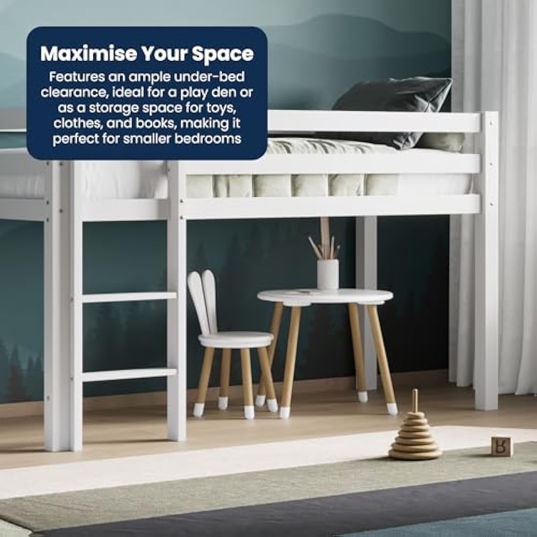 Flair Furnishings Kids Mid Sleeper Bed with Storage, Cabin Bed, Heavy Duty and Sturdy, Cosy, Stylish, Space Saving Design (White)