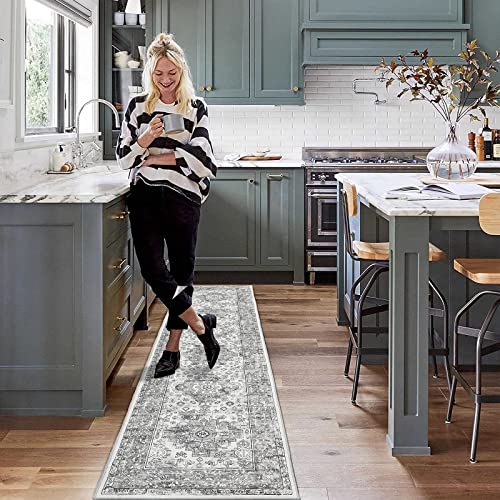 Enyhom Carpet Runners, 60 x 240 cm Grey Extra Long Runner Rugs for Hallway Non Slip Laundry Room Area Rug Runner Machine Washable Kitchen Floor Mat